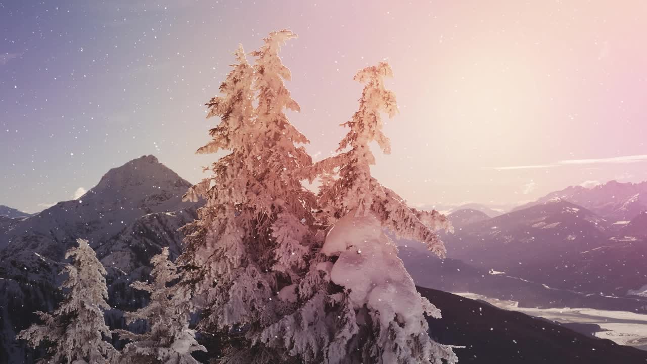 动画的雪落和发光的斑点在冬季风景与山脉视频素材