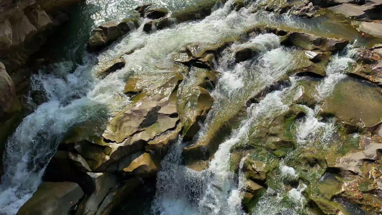 在乌克兰喀尔巴阡山脉，秋天的山河在美丽的森林中流淌。自然和旅游的概念视频素材