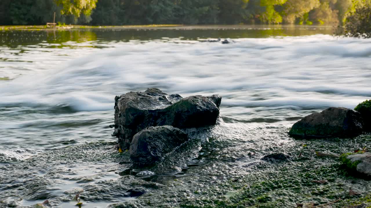 森林河流，水流强劲，河流和绿色森林的自然背景特写。视频素材