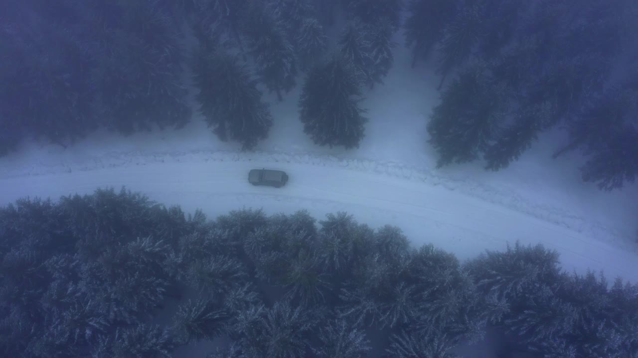 航拍:汽车在雪道上移动在森林中绿色生长的树木-埃尔福特，德国视频素材