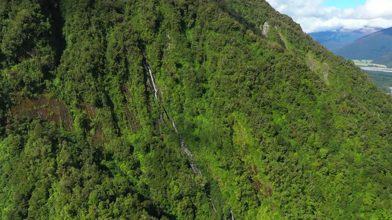 空中:水流动的风景拍摄在森林中的绿色树木在山-奥克兰，新西兰视频素材