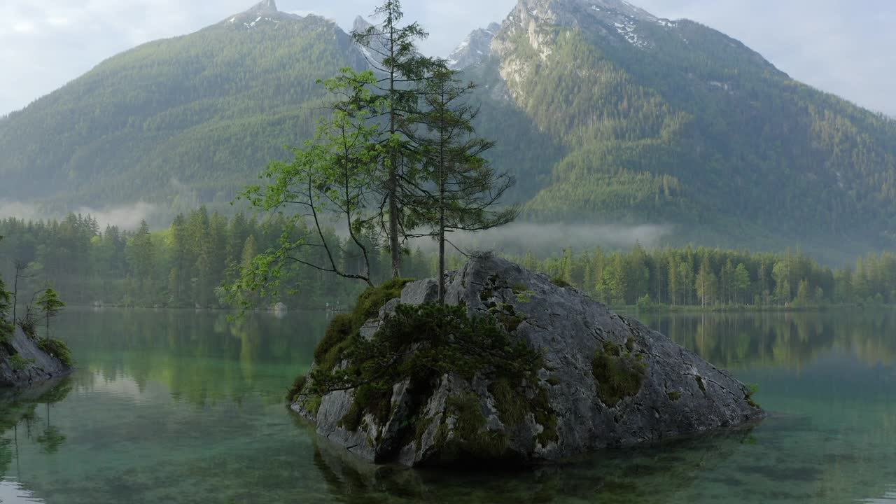 空中:在风景上的绿色树木在著名的湖的岩石上的树木风景-内陆，德国视频素材