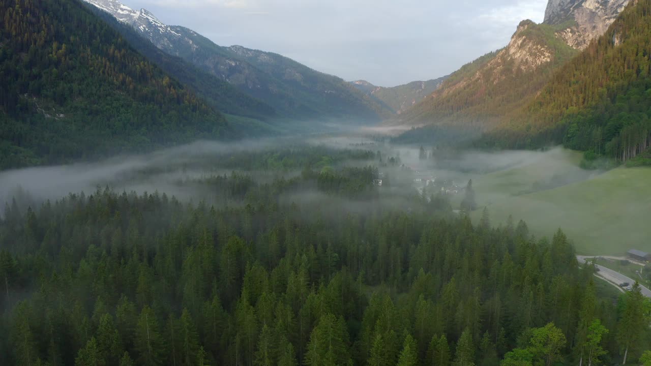 空中:岩石中绿色树木的美丽镜头，无人机在日落时飞向-腹地，德国视频素材