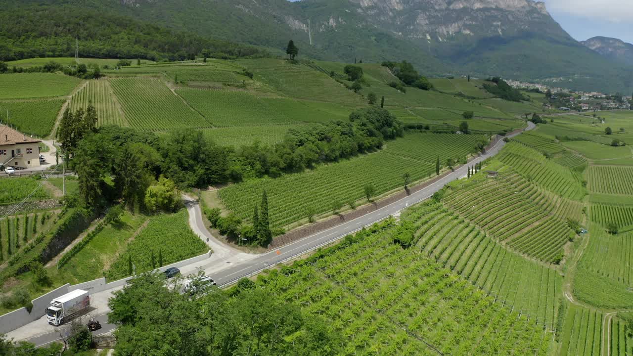 航拍:在阳光明媚的日子里，道路上车辆移动的风景，无人机飞向绿色植物-腹地，德国视频素材