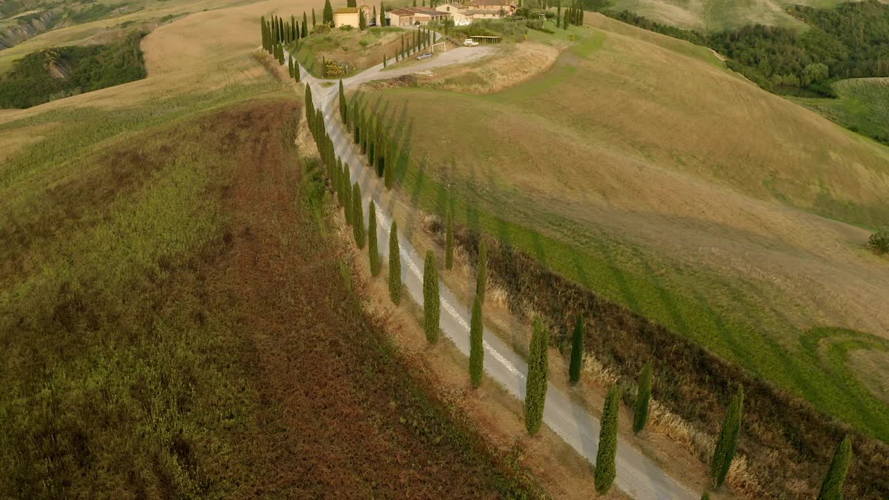 空中:倾斜拍摄的道路在山上生长的绿树，无人机飞越田野-腹地，德国视频素材