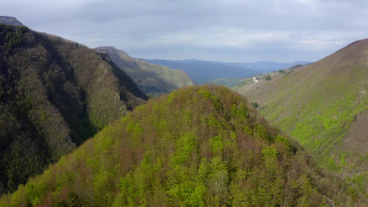 亚平宁山脉的空中田园风光，无人机在阳光下飞过绿色森林-亚平宁山脉，意大利视频素材