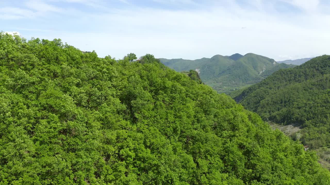 空中:封锁自然绿色山脉的美丽镜头，鸟在森林中飞行-亚平宁山脉，意大利视频素材