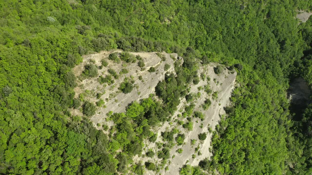 空中鸟瞰森林的自然岩层，无人机飞过绿树-亚平宁山脉，意大利视频素材