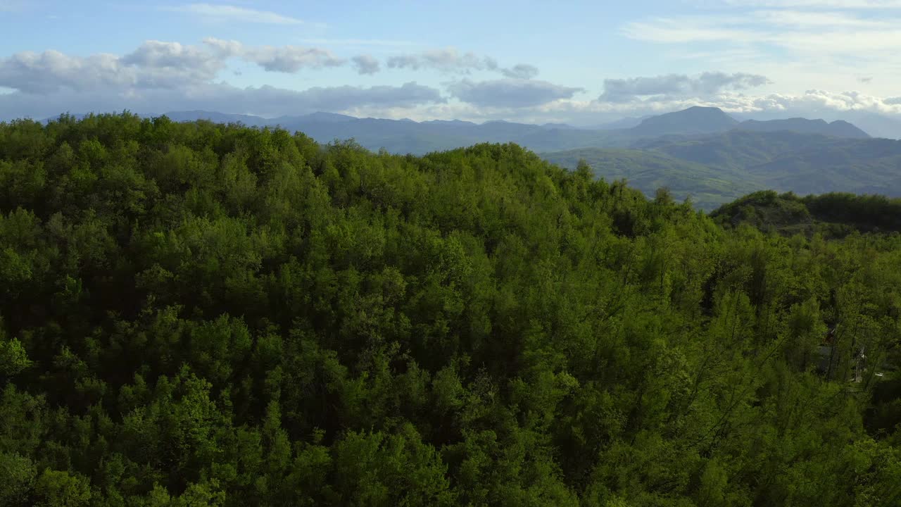 自然岩层的空中风景拍摄，无人机飞过绿树景观-亚平宁山脉，意大利视频素材