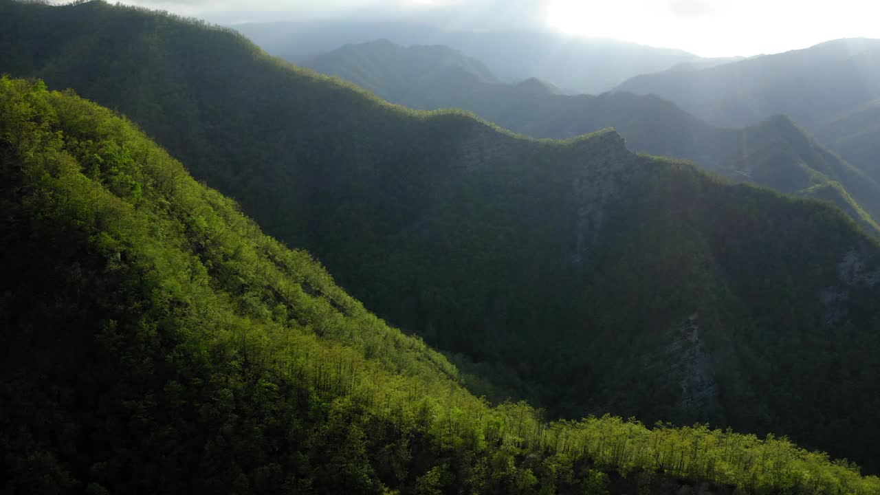 空中阳光落在天然的绿色山脉，无人机飞越森林-亚平宁山脉，意大利视频素材