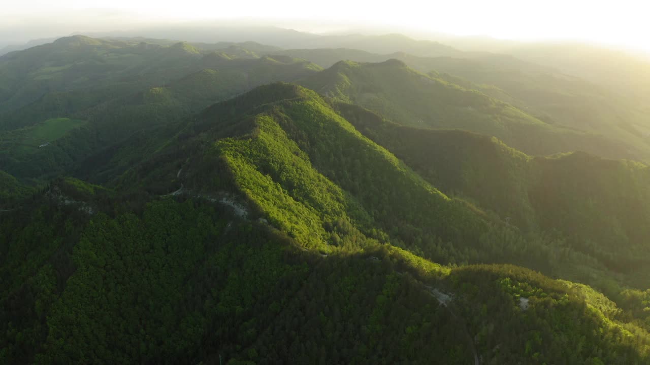 山上绿树的空中生长，无人机飞越森林-亚平宁山脉，意大利视频素材