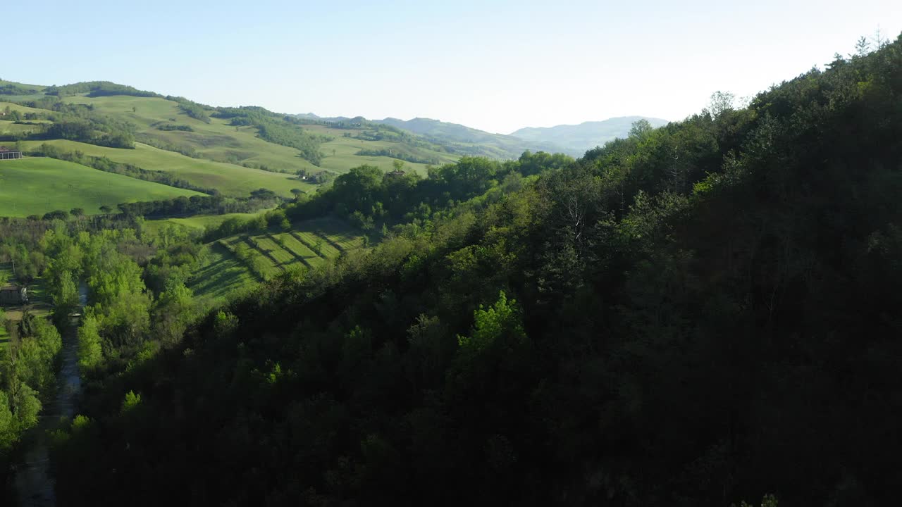 空中:山上绿色植物的美丽镜头，无人机在阳光下飞过风景-亚平宁山脉，意大利视频素材