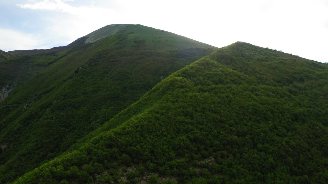 空中:植物在山上的生长在多云的天空-亚平宁山脉，意大利视频素材