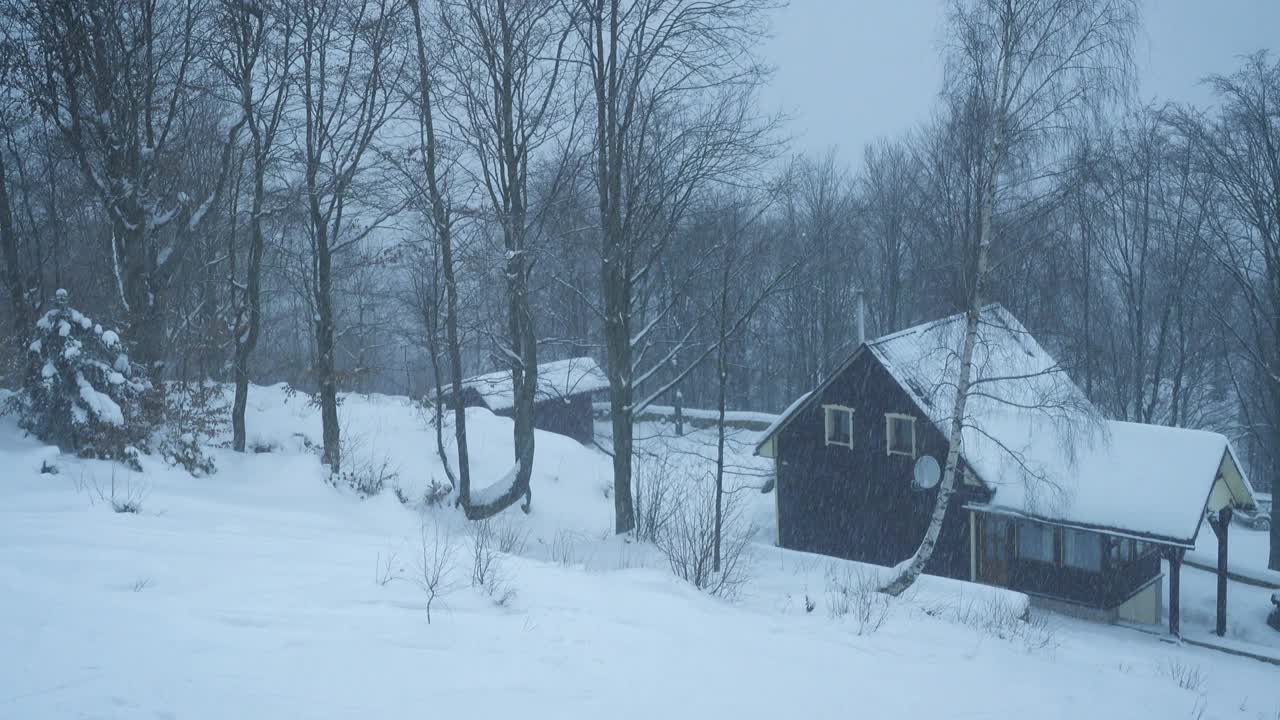 冬季景观与挪威乡村在大雪期间的经典木屋视频素材