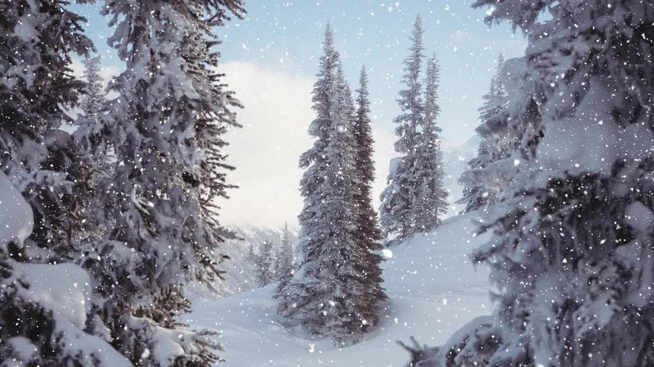 动画的季节问候和雪花飘落在冬天的乡村风景视频素材