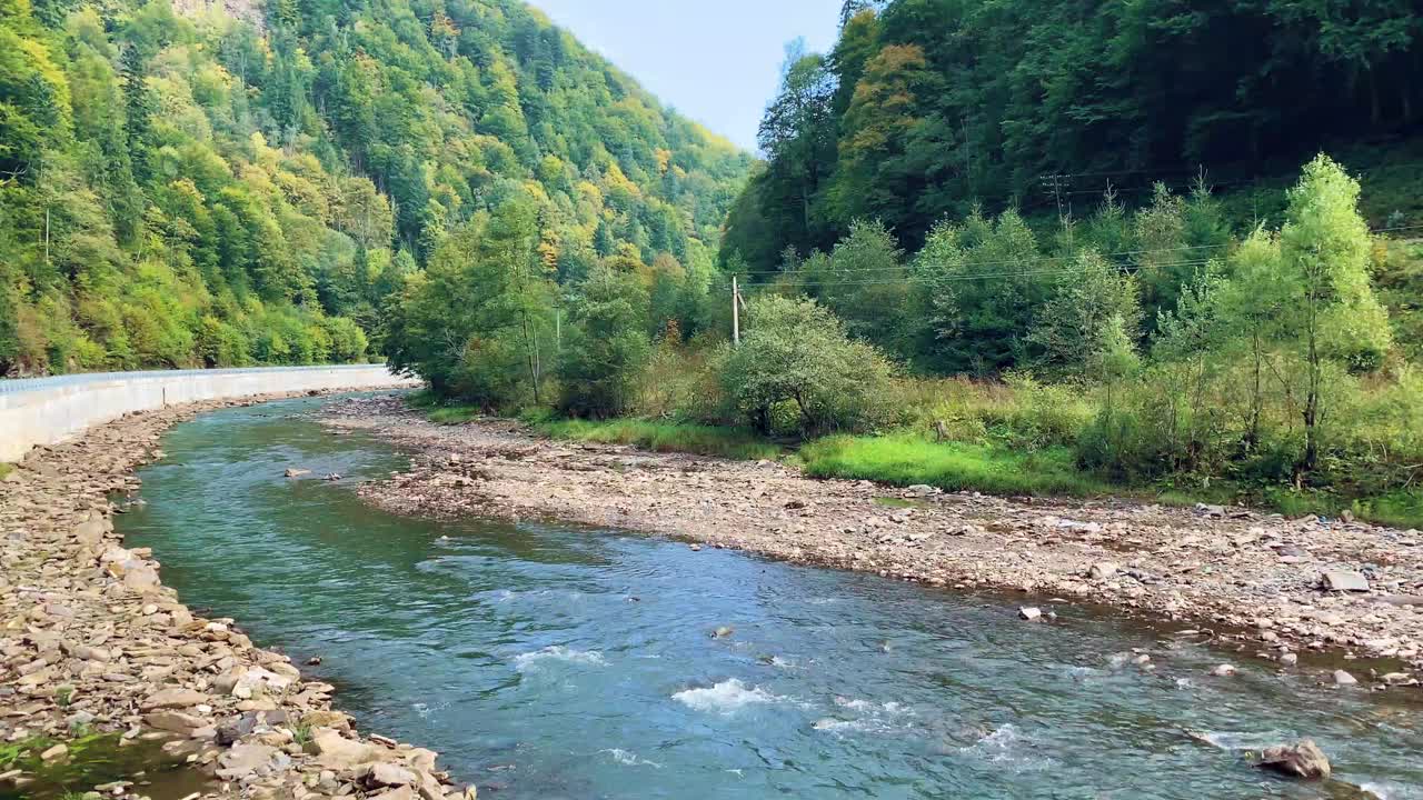 在乌克兰喀尔巴阡山脉，秋天的山河在美丽的森林中流淌。自然和旅游的概念视频素材