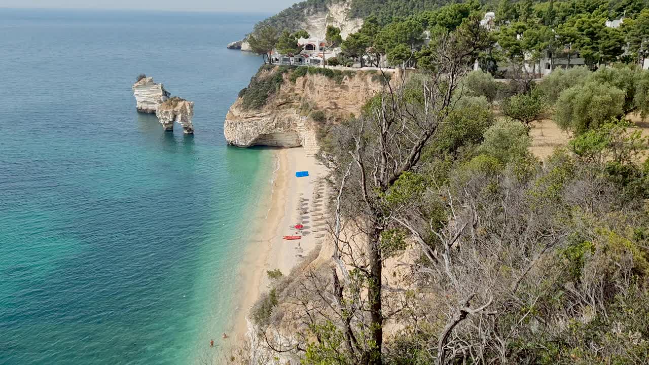 Faraglioni di Puglia堆栈和Zagare湾海滩的全景。意大利普利亚的夏季旅游胜地。旅游的概念视频素材