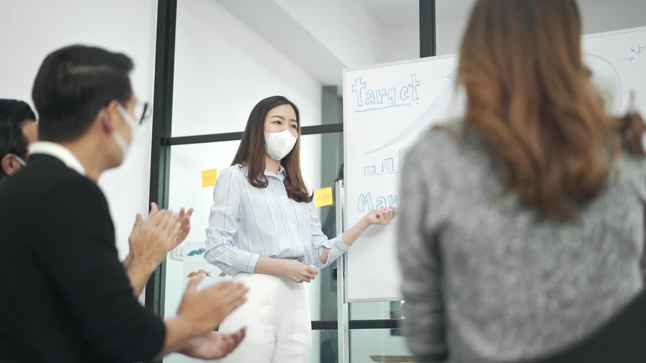 演讲结束后，戴着防护口罩的商人向女商人鼓掌视频素材