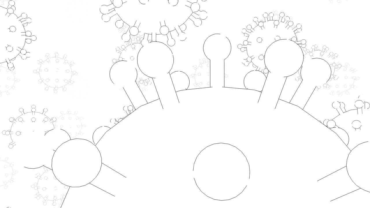 二维动画动态图形绘制漂浮的新型冠状病毒、冠状病毒、covid-19或流感的微观视图，视频素材