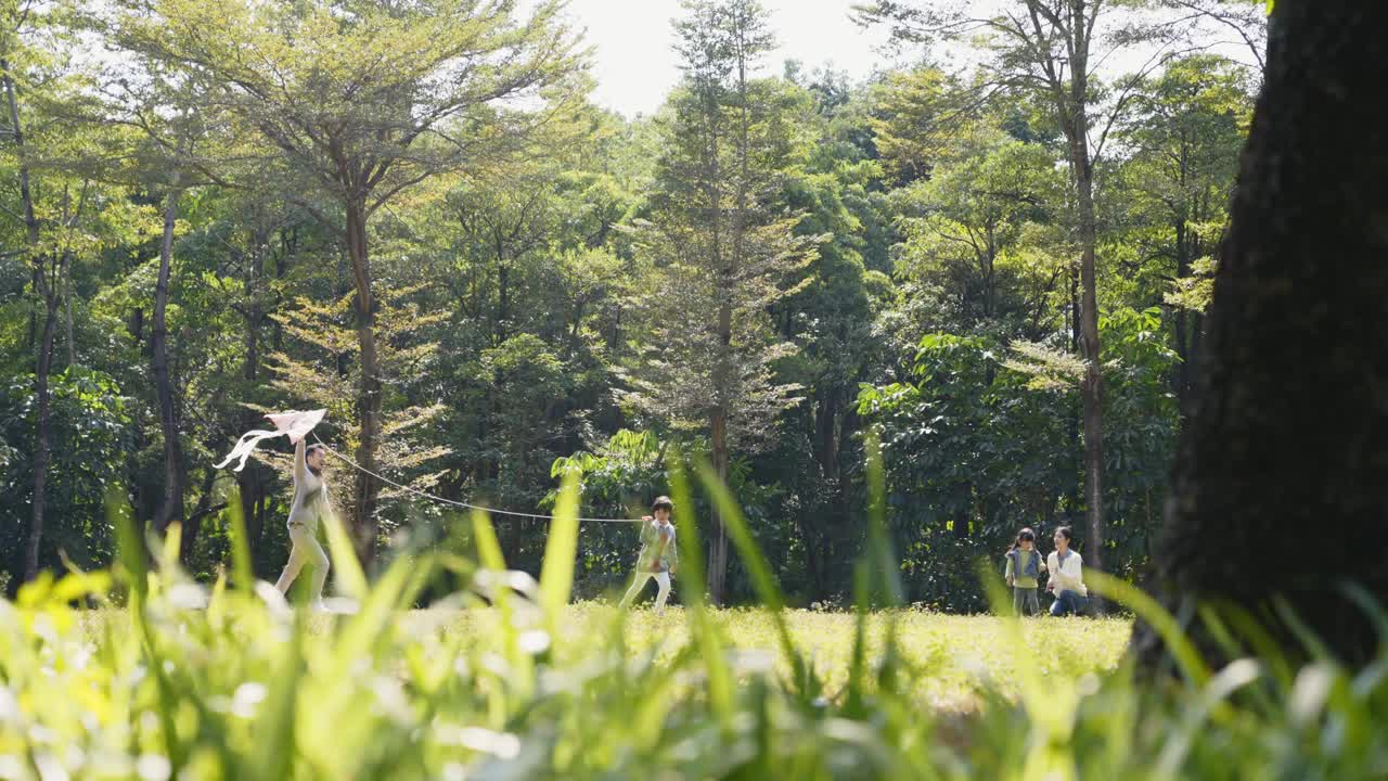 亚洲家庭在公园户外放风筝视频素材