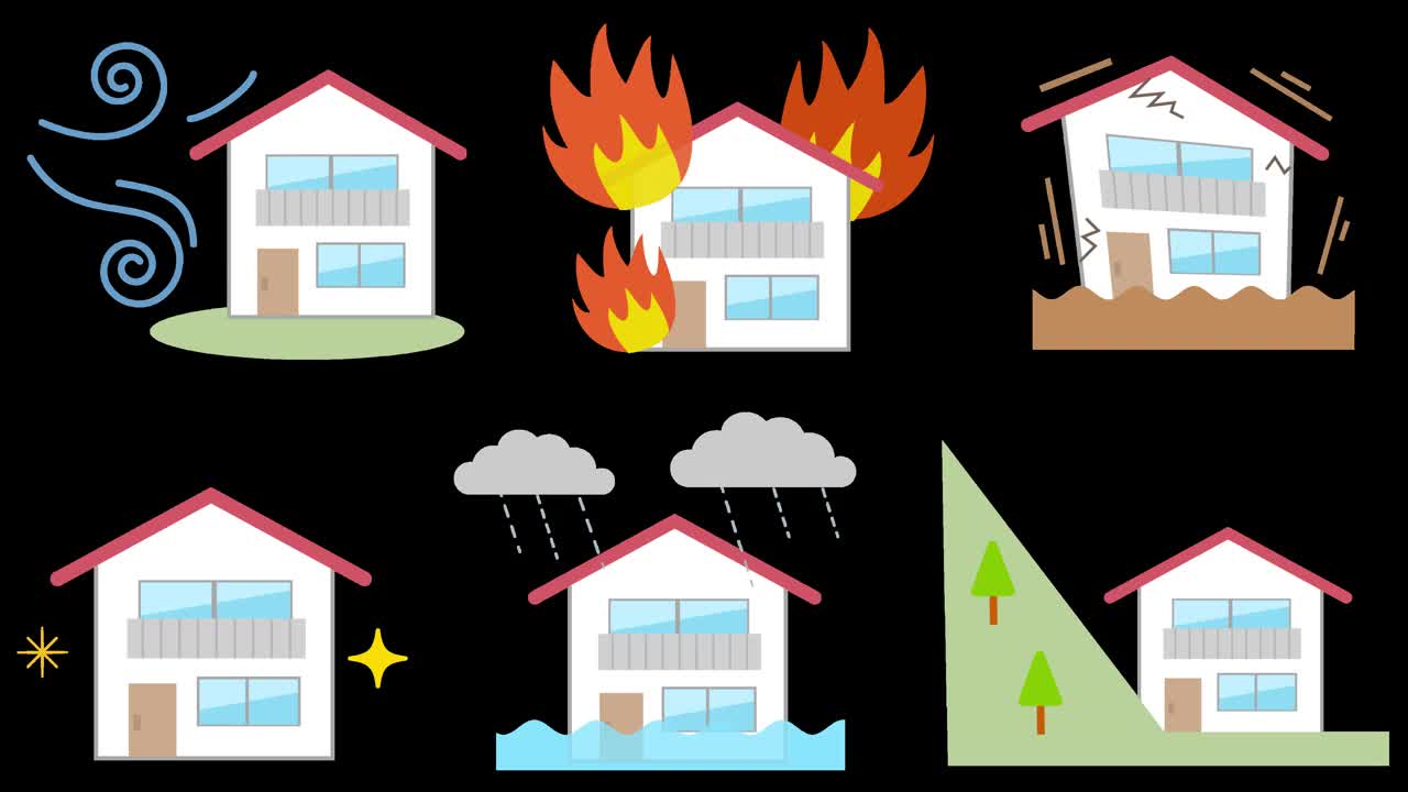房屋、火灾、地震、洪水、山体滑坡等自然灾害的动画视频。视频素材