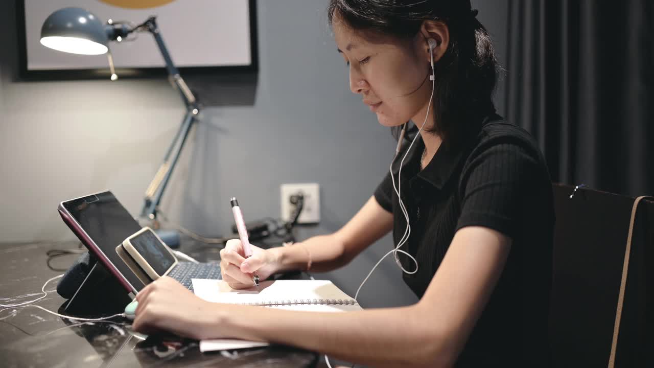 亚洲开朗的大学生喜欢自学，用笔记本电脑做作业，在家里在线学习，晚上视频通话视频素材