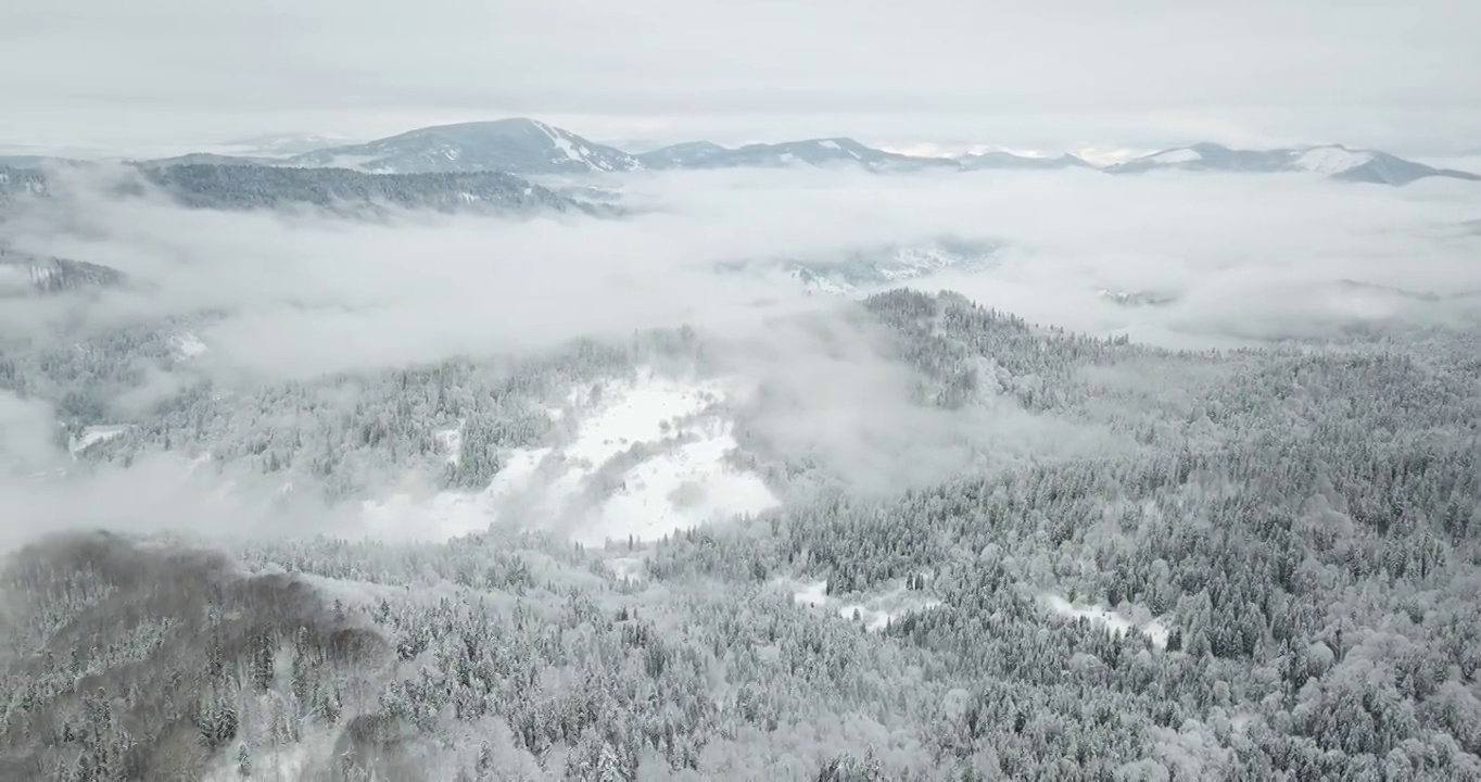 从童话般的高山景观上看，白雪覆盖着阿尔卑斯的尖峰。乌克兰喀尔巴阡山脉的寒冬。厚厚的白云。开放空间。空中4 k视频素材