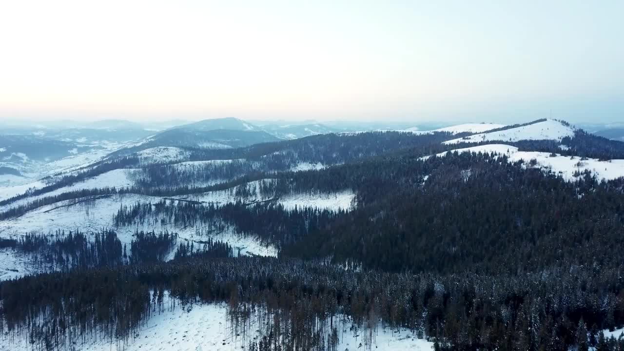 从童话般的高山景观上看，白雪覆盖着阿尔卑斯的尖峰。乌克兰喀尔巴阡山脉的寒冬。厚厚的白云。开放空间。空中4 k视频素材