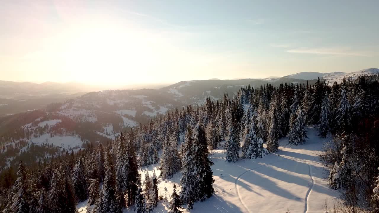 从童话般的高山景观上看，白雪覆盖着阿尔卑斯的尖峰。乌克兰喀尔巴阡山脉的寒冬。厚厚的白云。开放空间。空中4 k视频素材