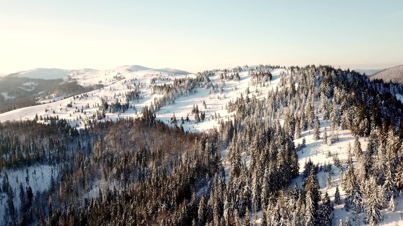 从童话般的高山景观上看，白雪覆盖着阿尔卑斯的尖峰。乌克兰喀尔巴阡山脉的寒冬。厚厚的白云。开放空间。空中4 k视频素材