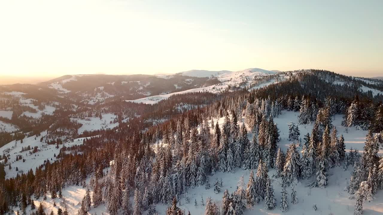 从童话般的高山景观上看，白雪覆盖着阿尔卑斯的尖峰。乌克兰喀尔巴阡山脉的寒冬。厚厚的白云。开放空间。空中4 k视频素材