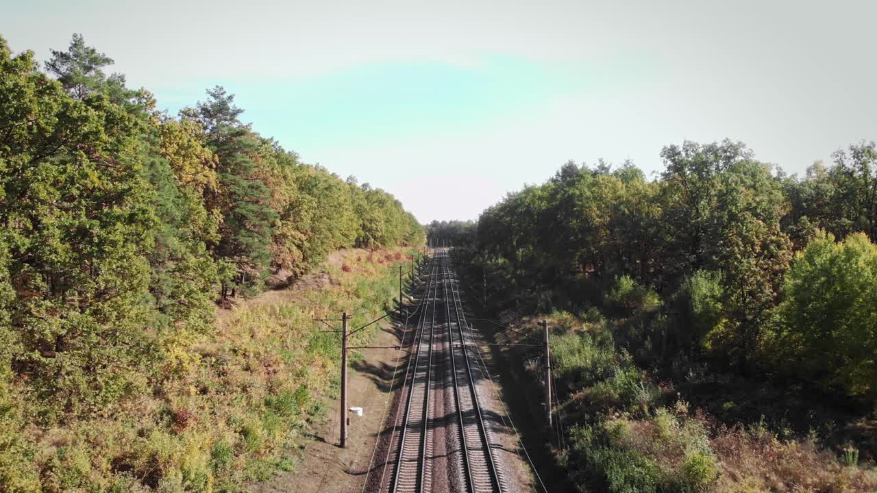 森林里空荡荡的铁路公路。运输的概念。铁轨和铁路枕木，高压电线视频素材