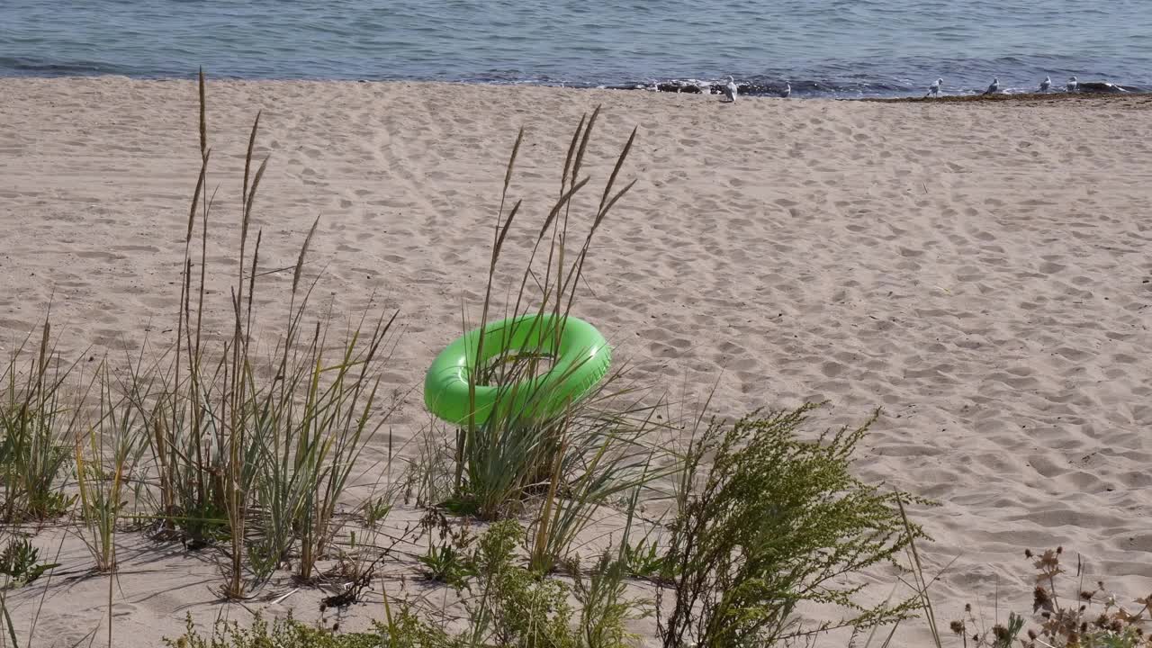 宁静的海景与失去的游泳环和海鸥在海岸线的沙滩上视频素材