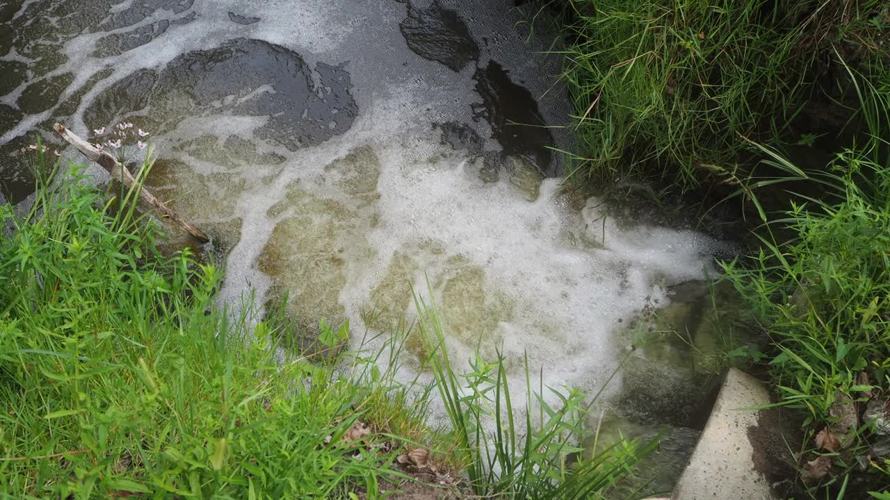 被污染的水从管道流入小溪的画面视频素材