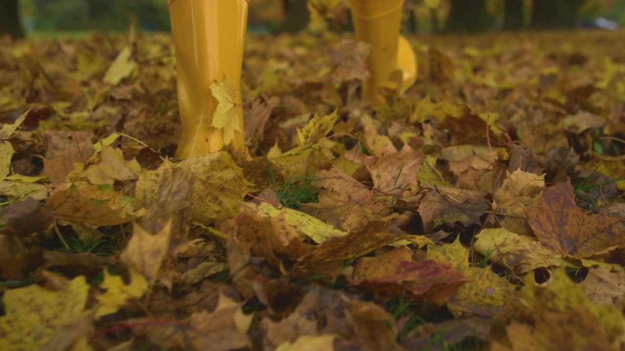低角度:穿着黄色胶靴的女人踢起干燥的秋天彩色树叶。视频素材