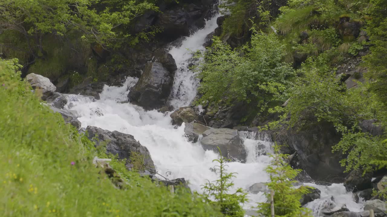 水在石头周围流动。山里的小溪。Schächental谷，Uri州视频素材