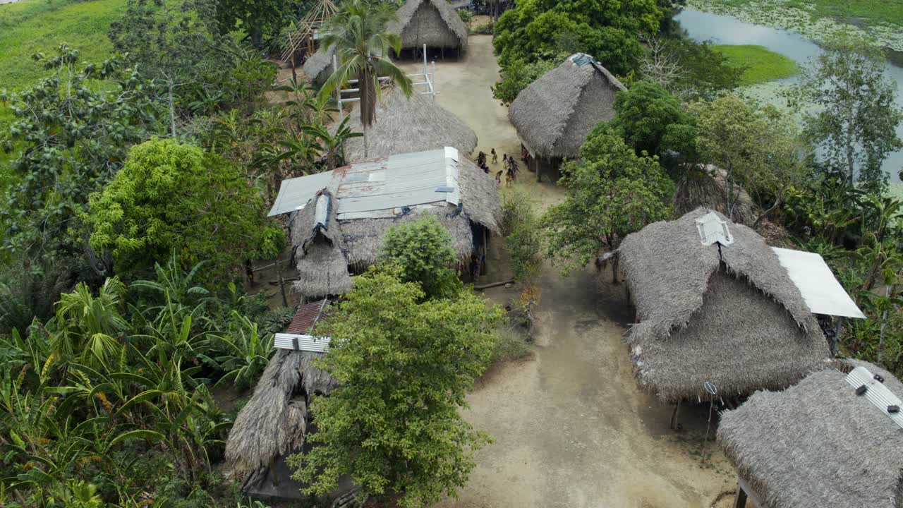 巴拿马的一个小村庄里，Aerial Embera Wounaan人在跳舞视频素材