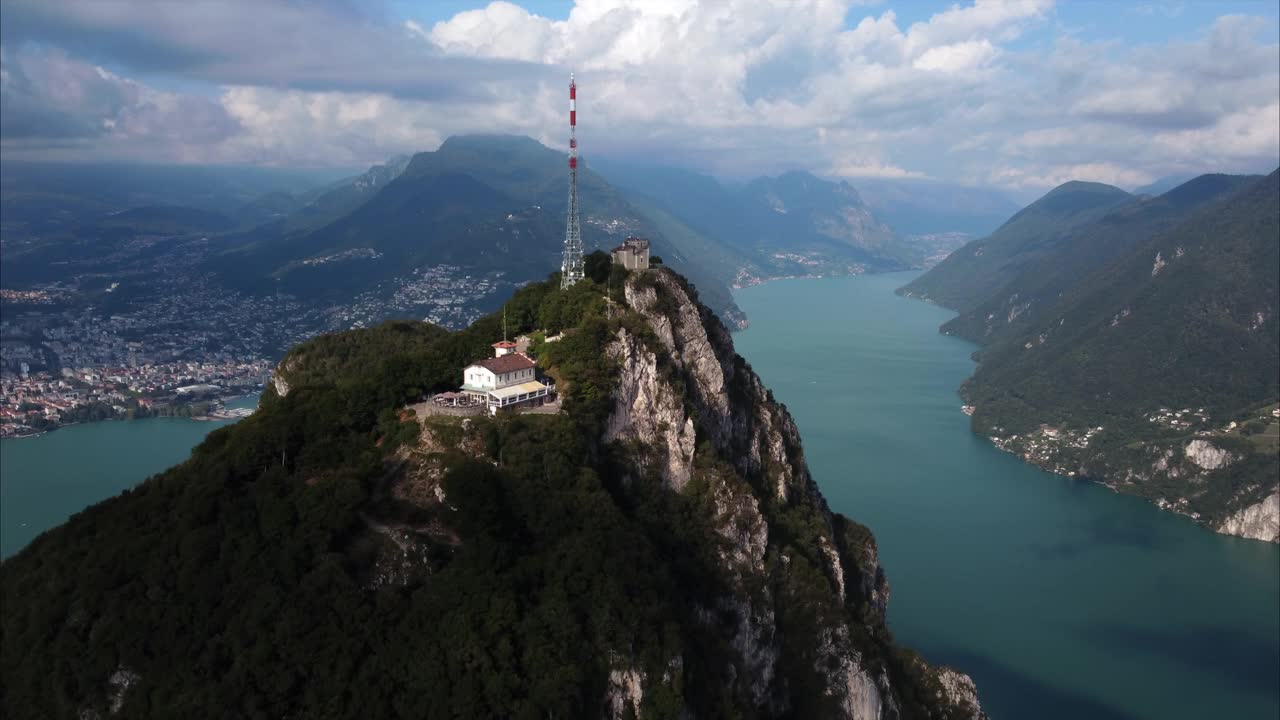 圣萨尔瓦多山鸟瞰图揭示卢加诺，瑞士4k。视频素材