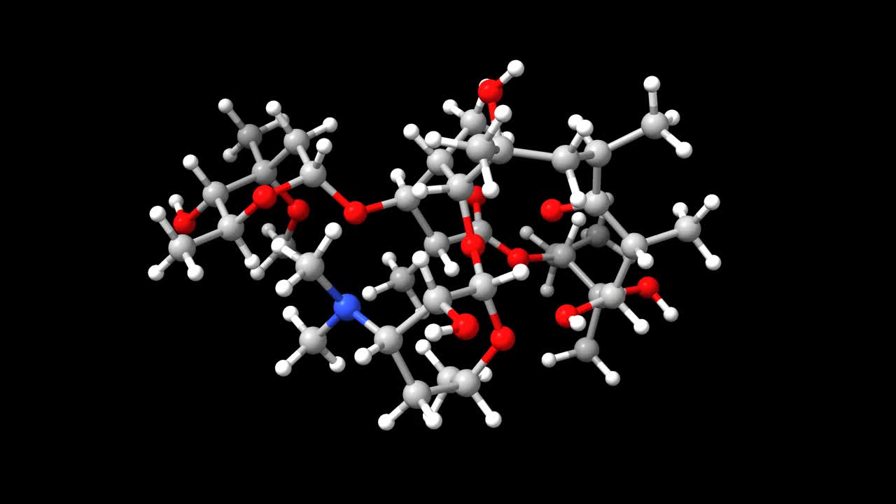 大环内酯类抗生素红霉素的三维球棒动画和空间填充模型视频素材