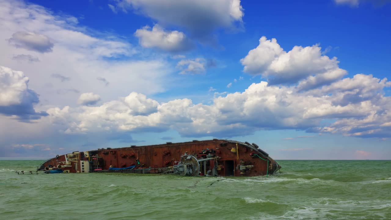 海上油轮沉没，生态灾难，沉船时间流逝，水污染灾难视频下载