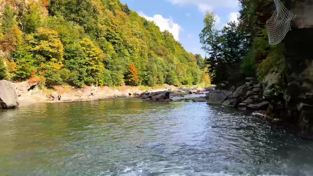 在乌克兰喀尔巴阡山脉，秋天的山河在美丽的森林中流淌。自然和旅游的概念视频素材