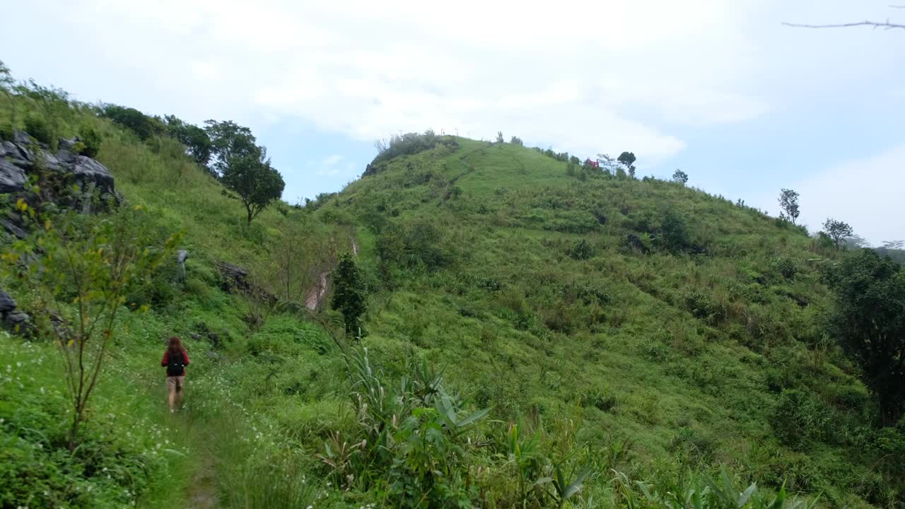 一位女旅行者在美丽的山上徒步旅行视频素材