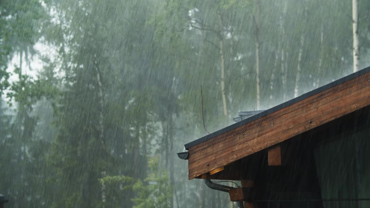 大雨倾泻在屋顶上视频素材