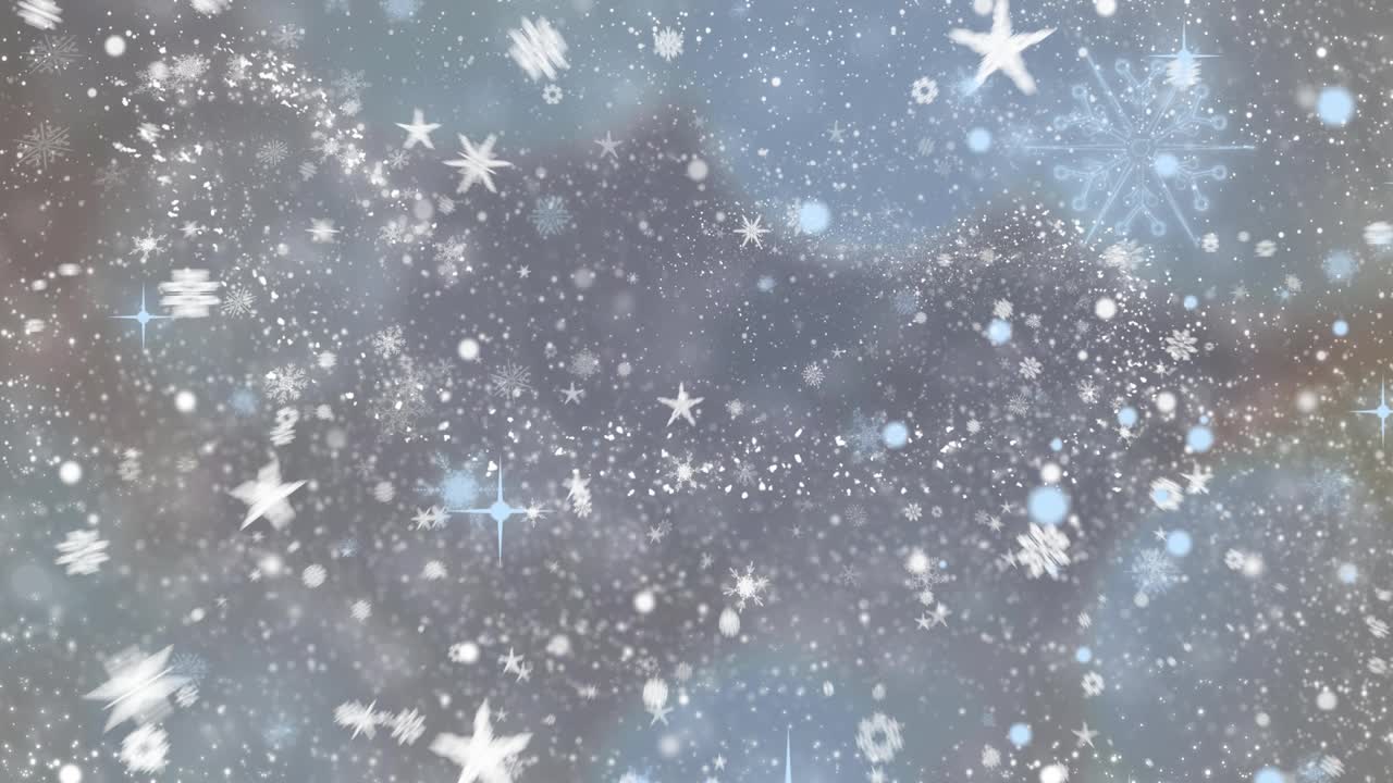 数字动画的雪花飘落在多个雪花和星星图标的灰色背景视频素材