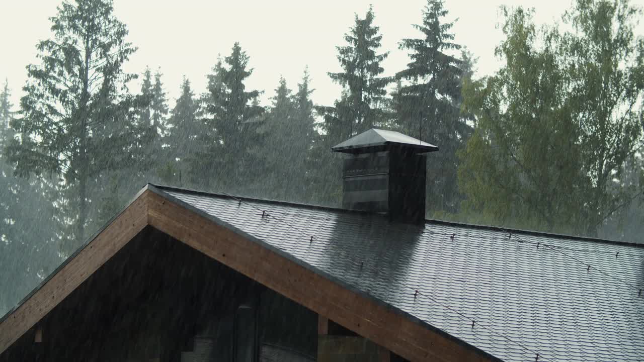 大雨倾泻在屋顶上视频素材