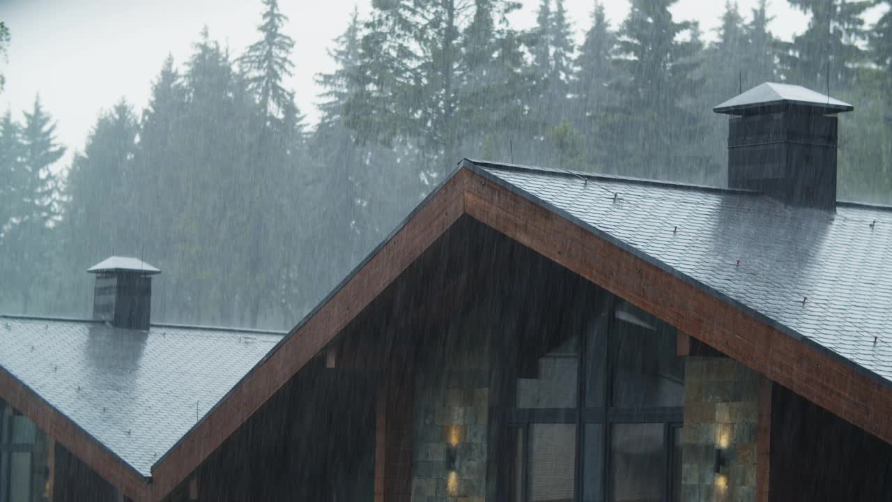 大雨倾泻在屋顶上视频素材