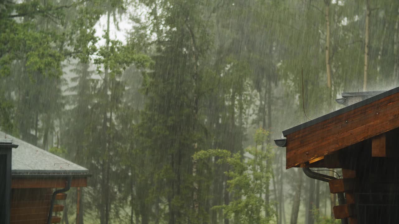 大雨倾泻在屋顶上视频素材