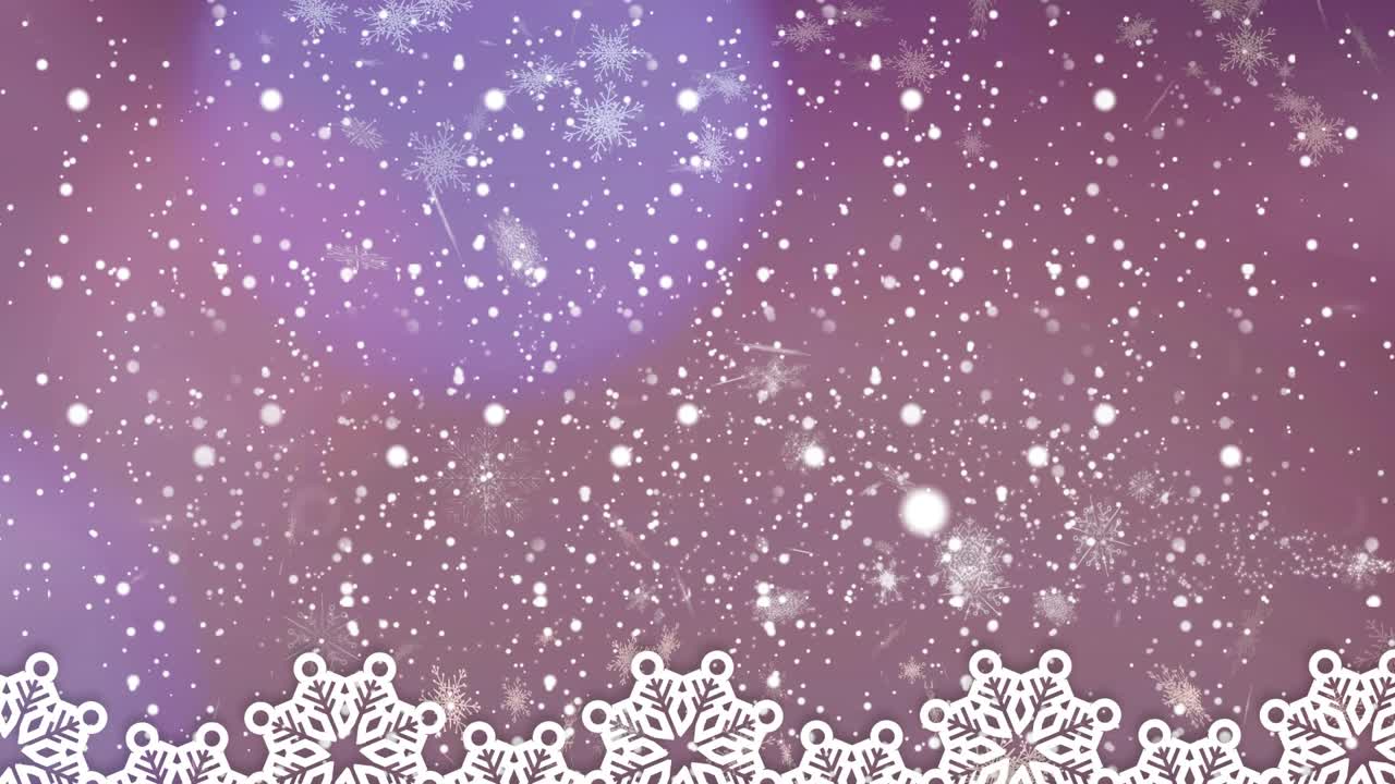 数字动画的雪花飘落对雪花图标和光点在紫色的背景视频素材