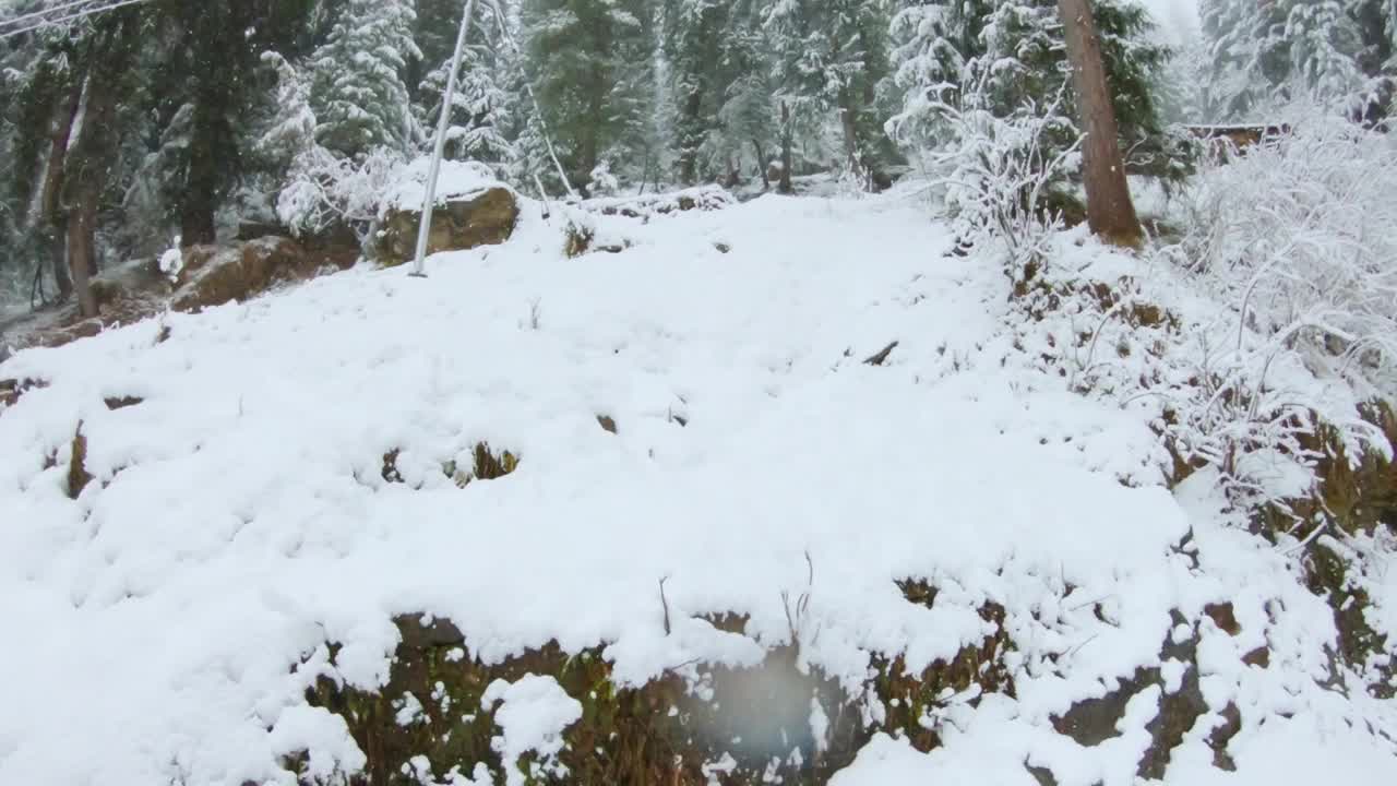 在印度喜马偕尔邦的马纳里，降雪期间的贾纳瀑布。马纳利瀑布在冬天的雪，假日背景，旅游概念。马纳里的冬天下雪了。视频素材