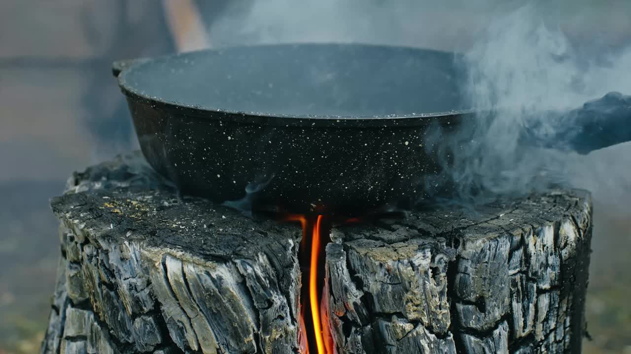 瑞典或芬兰原木蜡烛。白天，木头里的火在燃烧。在火上做饭。用平底锅煎葵花籽。视频素材